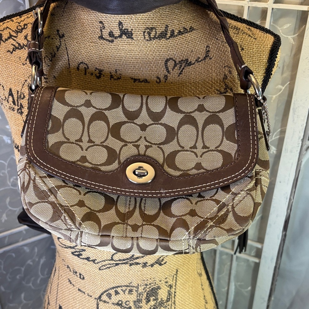 Coach Brown and Tan Signature Shoulder Bag